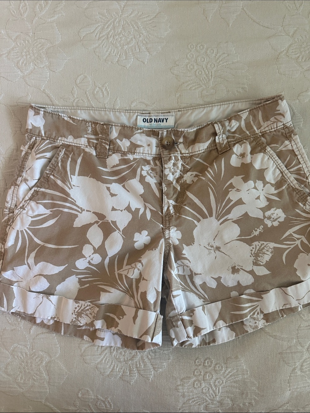 Old Navy Tan and White Floral Roll-Cuff Shorts
